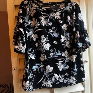 Worthington Black Floral Bell-sleeve Top Petite M